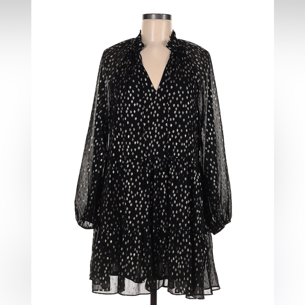 H&M Black and Silver Long Sleeve V-Neck Sheer Overlay Flowy Cocktail Dress Sz 6